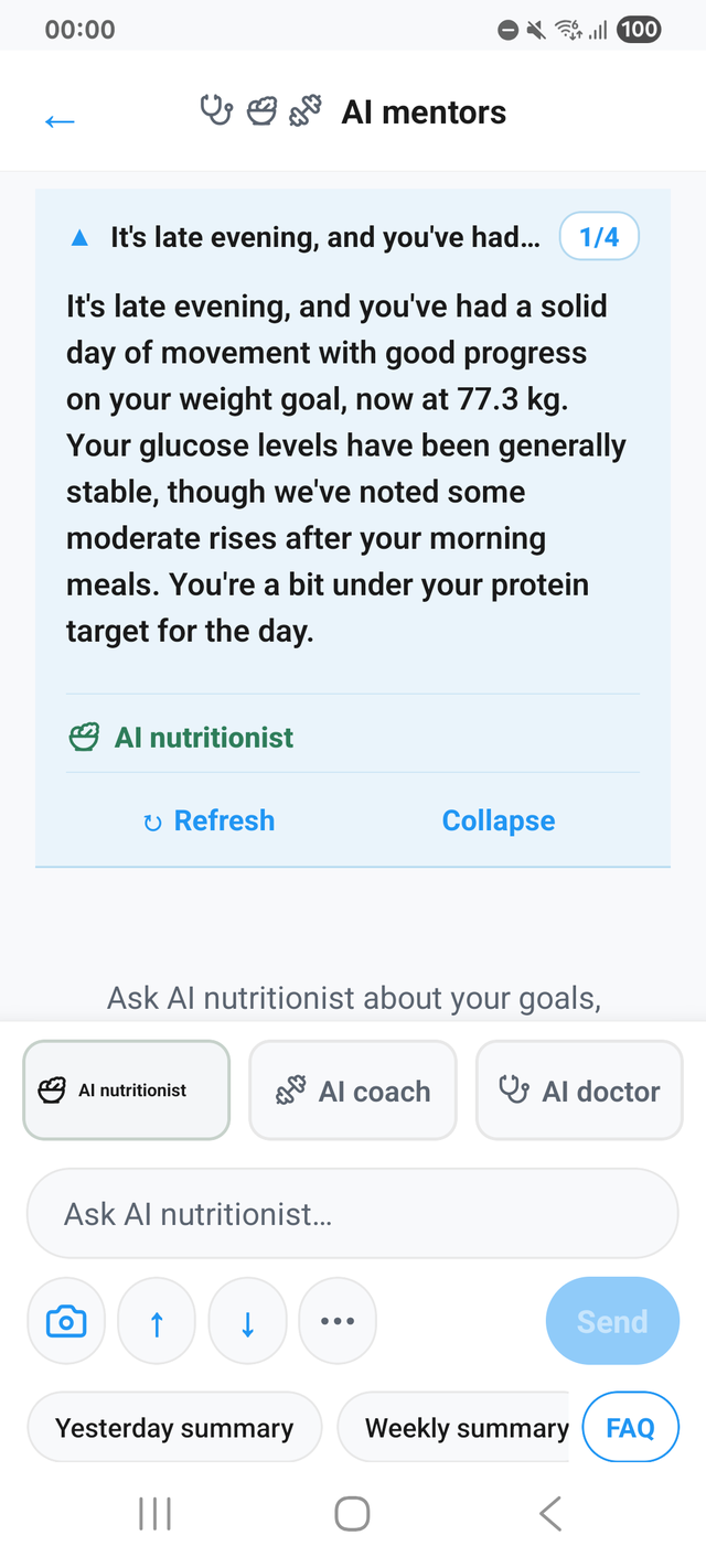 The Healthings app showing an AI mentor tip about today’s protein and carb targets