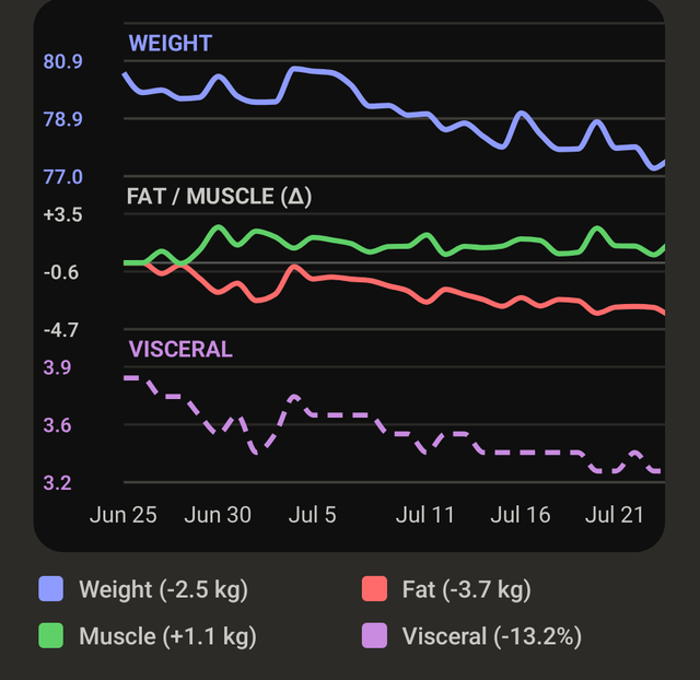 Body trend chart over 32 days: weight and fat lines falling, muscle rising