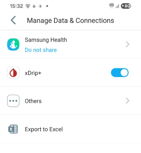 CareSens Air, Manage Data and Connections, with the xDrip+ switch on