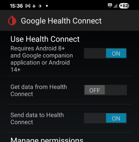 xDrip+ Google Health Connect screen: Use Health Connect on, Get data off, Send data on