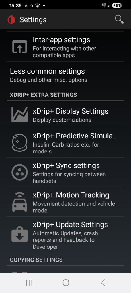 xDrip+ Settings list with Inter-app settings near the top