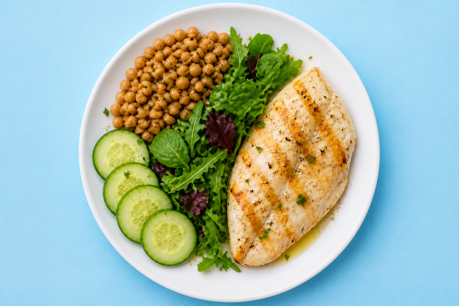 Plate with grilled chicken, chickpeas, mixed salad, and cucumber