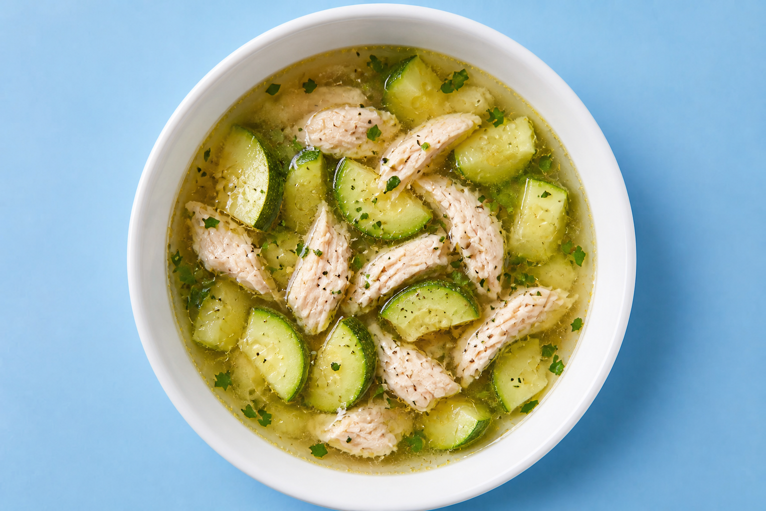 Bowl of chicken soup with soft vegetables and chicken pieces