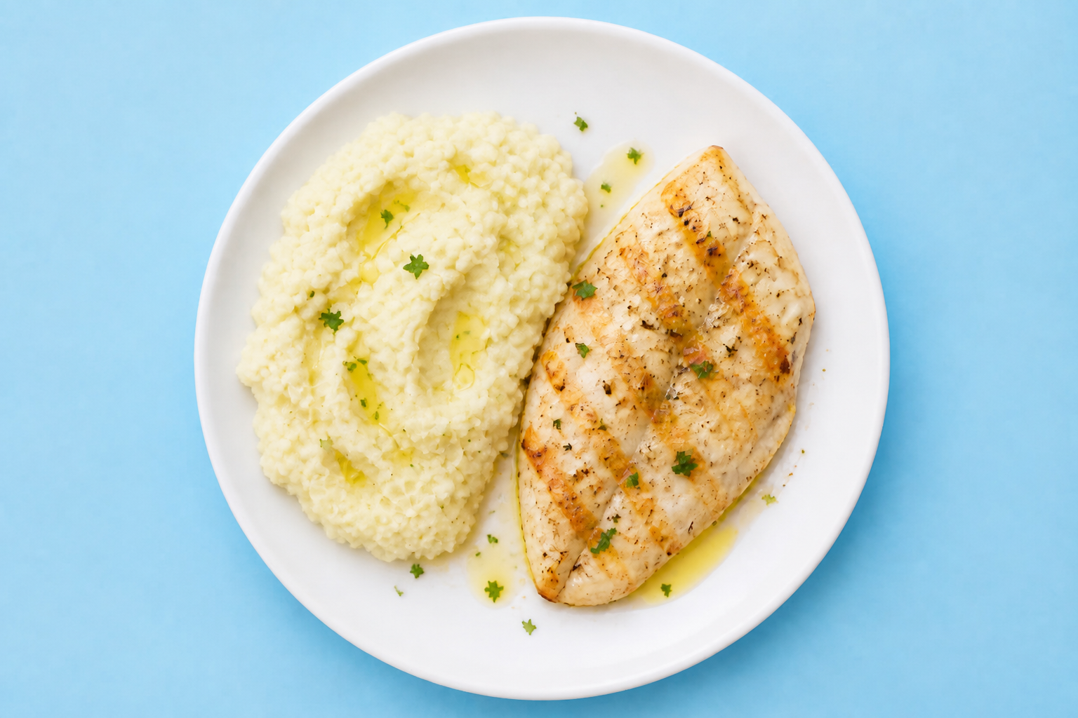 Plate with baked white fish and mashed cauliflower