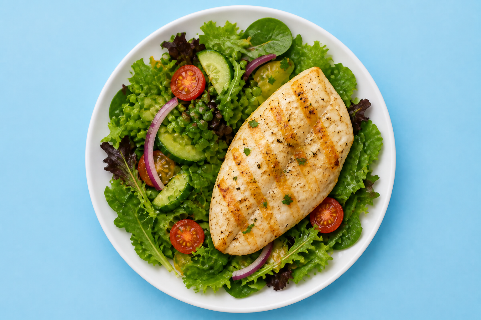 Large salad plate with grilled chicken