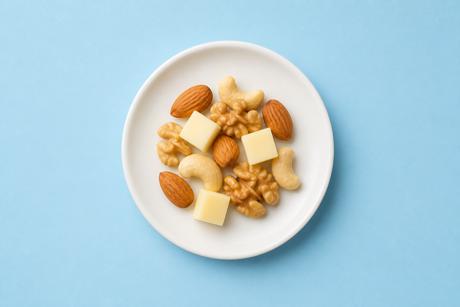 Small portion of mixed nuts and cheese cubes