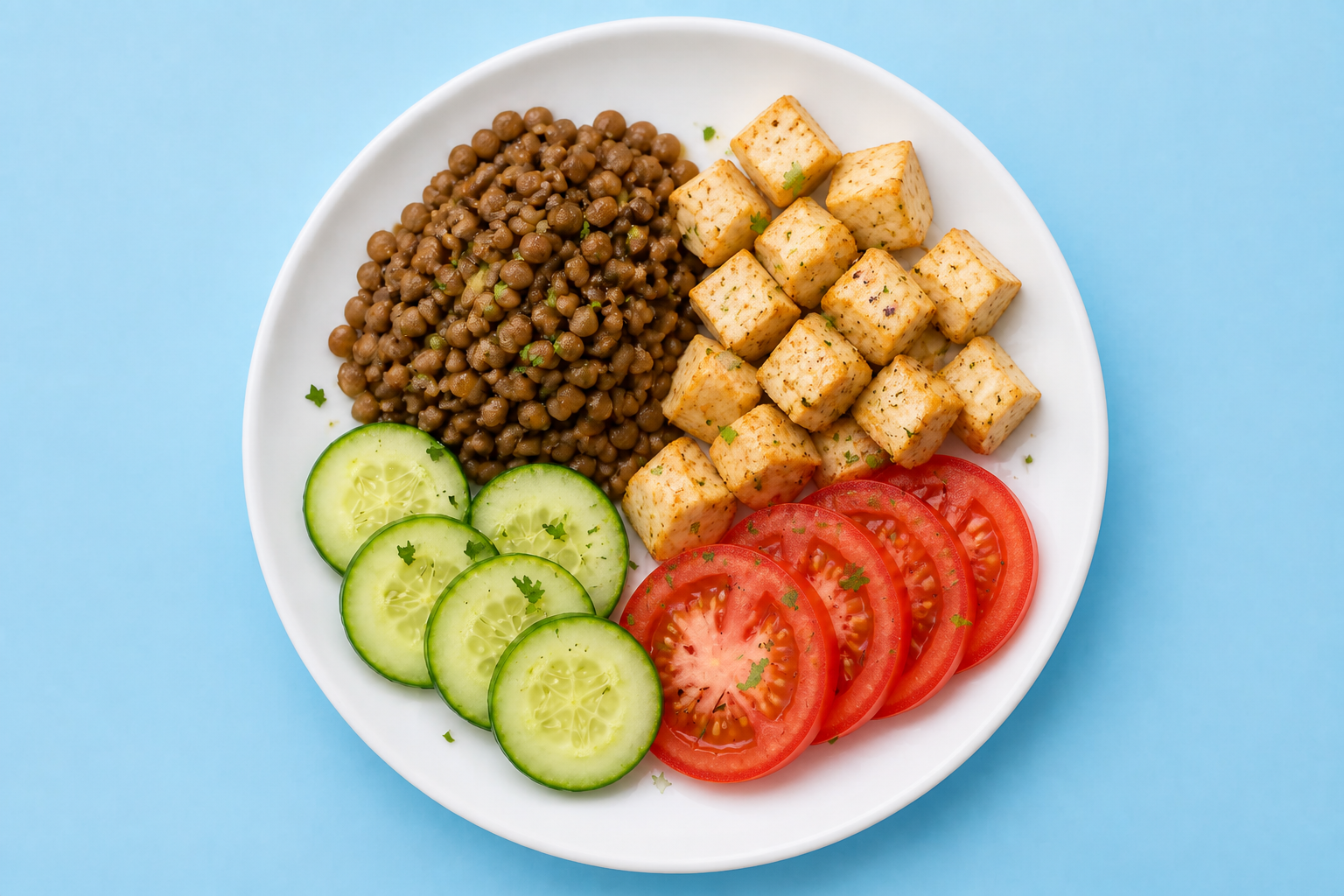 Plate with tofu, lentils, tomato, and cucumber
